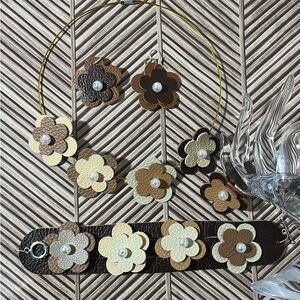 Floral Leather Jewelry Set with Pearls